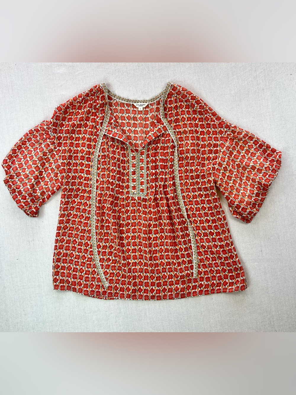 Women's Red Patterned Peasant Blouse Puffy Sleeve Boho Indie Bold Flowy Chic - L